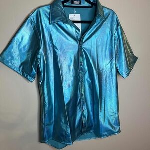 JOGAL Mens Metallic Shiny Blue Oilslick Disco Button Down Dress Shirt